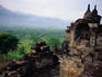 View of Indonesia's Kedu Plain from the upper terraces of Borobudur, a colossal pyramid, circa 750-850 AD.