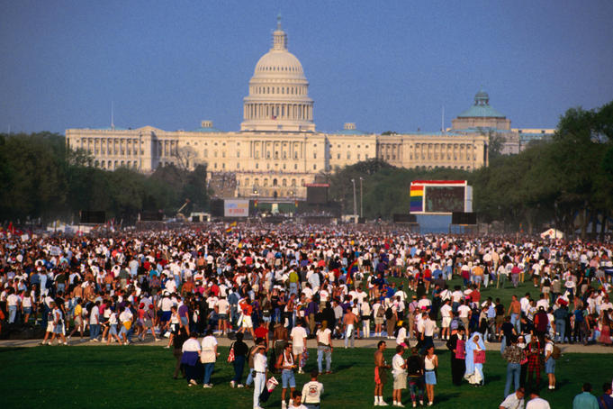 Thousands of people at Washington Mall for the NAMES Project AIDS Memorial Quilt.