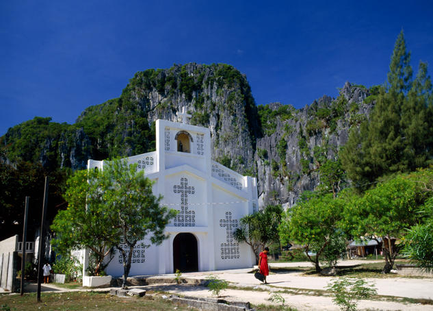 The St Francis of Assisi Church, hemmed in by the jagged cliffs that surround the town of El Nido- Palawan province, the Philippines