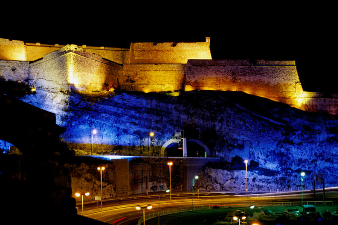 Fort Saint-Nicolas, lit up at night.