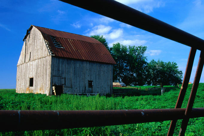 An old barn in long grass in Madison County