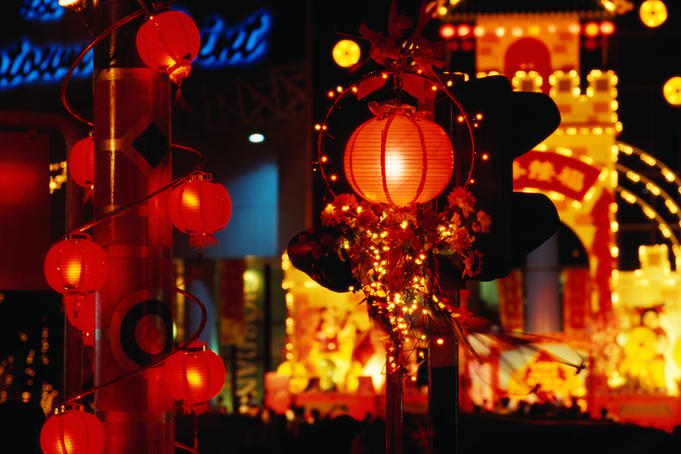 Lanterns and lights on North Bridge Road during Chinese New Year.