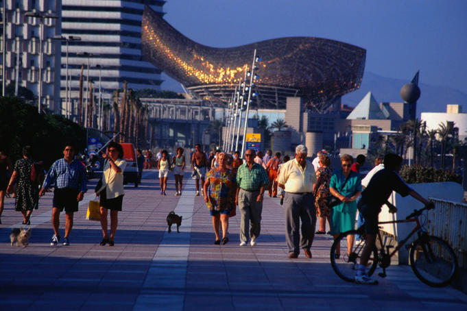 Strolling the promenade of Port Olimpico, Barcelona