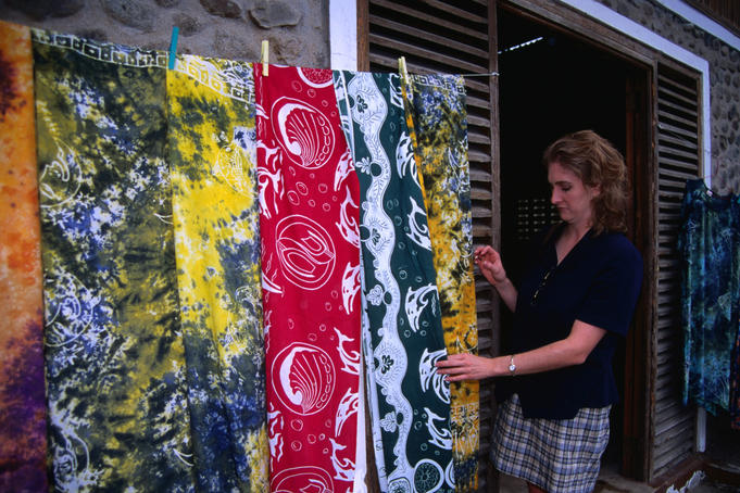 Shop with locally produced textiles, often worn as sarongs,ModRel, St Lucia.