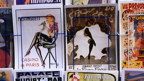 Montmartre, Sacre-Coeur area: there are shops selling postcards and scenes from old Paris