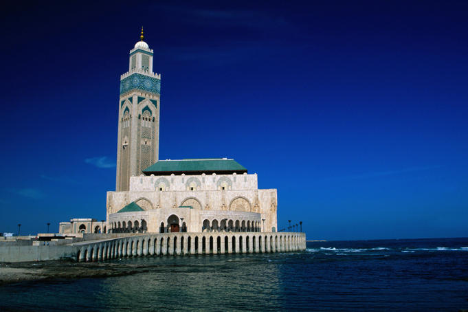 Hassan II Mosque, the biggest religious monument in the world after Mecca, completed in 1993 in time for Haasan II's 60th birthday, 6000 local craftsmen worked on it day and night for five years