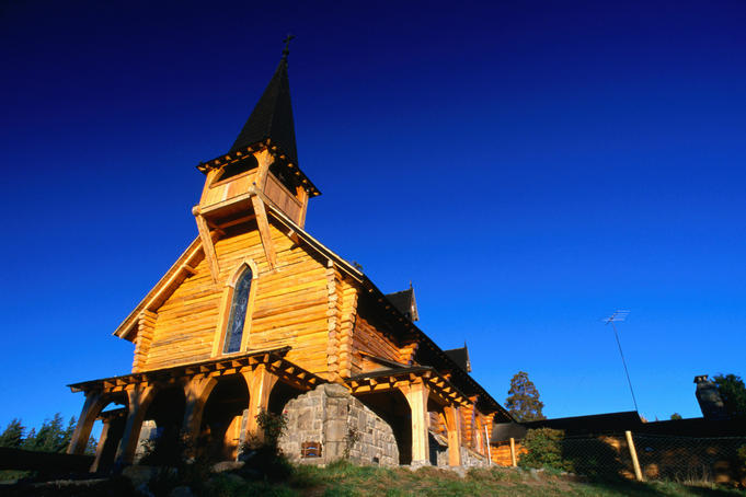 The wooden San Eduardo Chapel, built in 1936, is a treasure of the local Patagonian architecture- near Llao Llao, Patagonia, Argentina