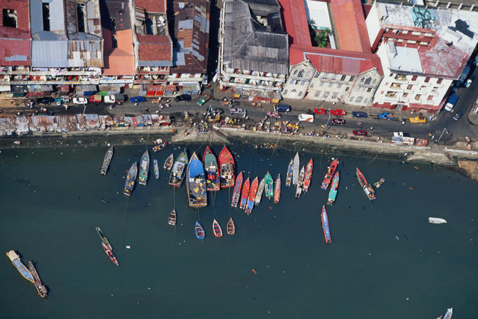 Looking down at the fishing boats and market of Panama City