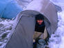 Ski tourer preparing evening meal, Winter in the Main Range, Kosciuszko National Park