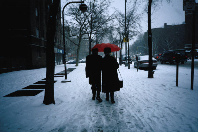 Walking on snowy Winter street.