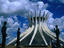 Detail of the curved columns of Brasilia Cathedral with the Four Disciple statues at the entrance