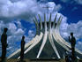 Detail of the curved columns of Brasilia Cathedral with the Four Disciple statues at the entrance
