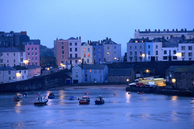 Evening lights on Tenby Harbour, Wales