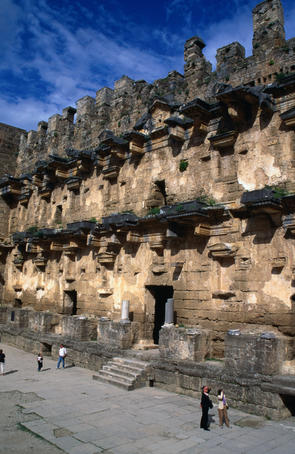 Tourists at Roman Theatre stage, circa 161-180 A.D.