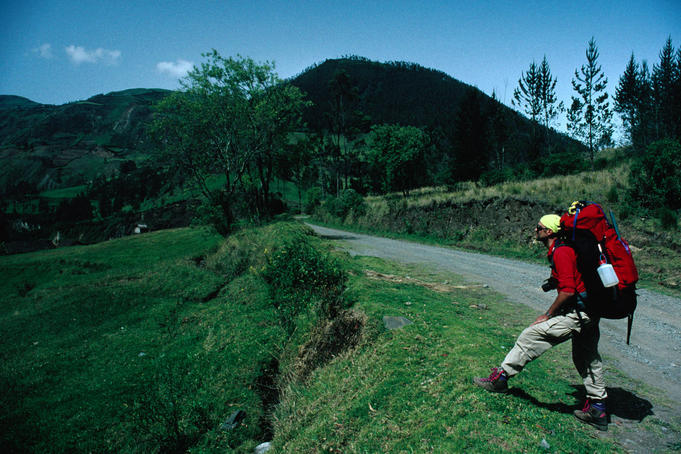 Trekker at the trail head to El Altar, a massive extinct volcano, Candeleria.