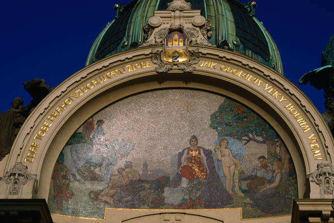 The arched dome of Obecni Dum ( Municipal Building ) with its mosaic "Homage to Prague", Namesti Republiky, Prague
