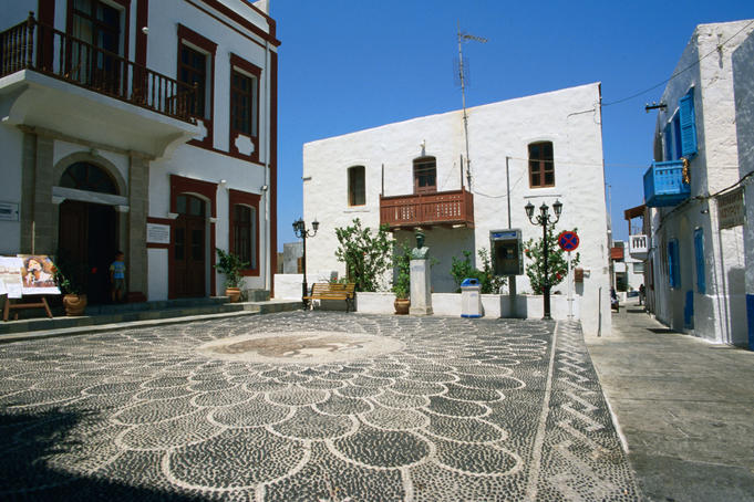 Buildings on the town square in Mandraki, capital of Nisyros Island, Dodecanese group of islands