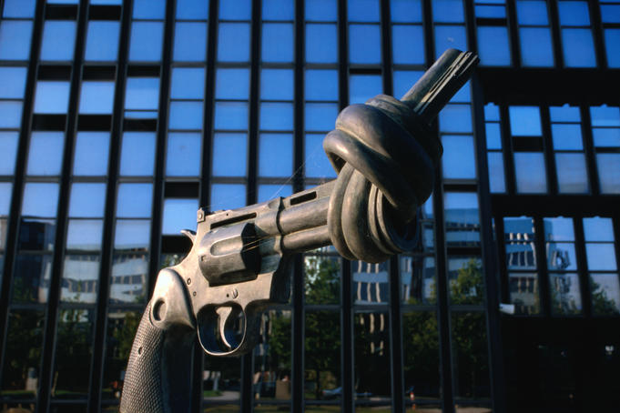 "No Violence" Monument and EU Jean Monet Building (Batiment Jean Monet de Commission Europeene).