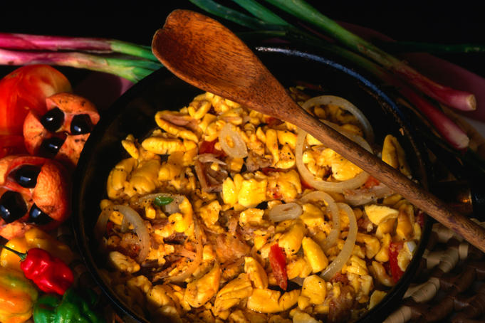 The most common meal in Jamaica, ackee with saltfish, ackee is a tree grown fruit that when ripe and cooked bares a resemblance to scrambled eggs, served with salted fish it makes a tasty, if somewhat different breakfast