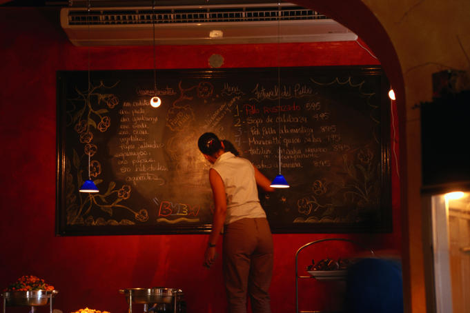 The menu board at the hip and groovy Dulce Albeggiare restaurant in old San Juan