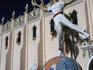 The 1927 Fronton Palacio and a sculpture dedicated to the national Basque sport of Jai Alai.