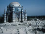 Exterior view of the Mausoleum of Bibi Jawindi ( Gholan Fatima ) with the graveyard in foreground - Uch Sharif, Punjab