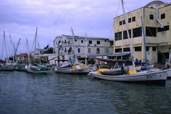 Boats along Haulover Creek in Belize City.