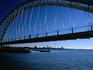 Footbridge in Humber Bay and the distant Toronto skyline.
