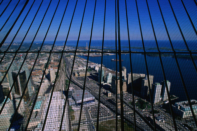 The view from the 1815.5 foot tall CN Tower in Toronto. Completed in 1975, the tower was the tallest freestanding structure of its time.