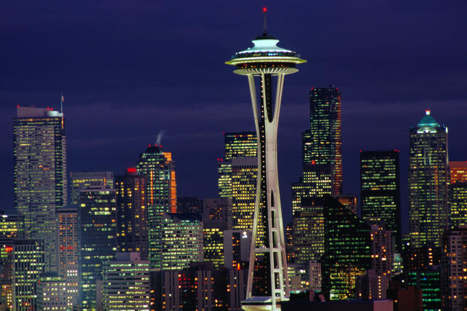 City at dusk with Seattle signature taking centre stage, the 1962 Space Needle, taken from Kerry Park.