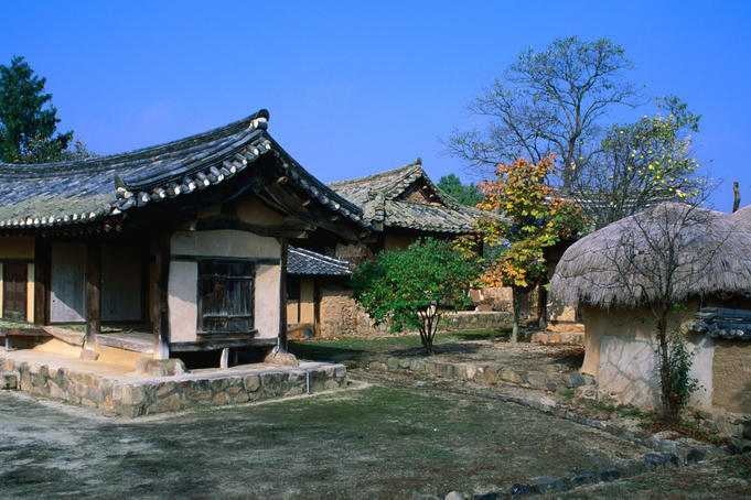 People still live in the traditional houses at the picturesque Hahoe Folk Village. It is preserved as a 16th century Korean town.