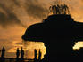 Silhouette of fountain by Carlo Moderno with statues of saints by Bernini, St Peter' s Square.