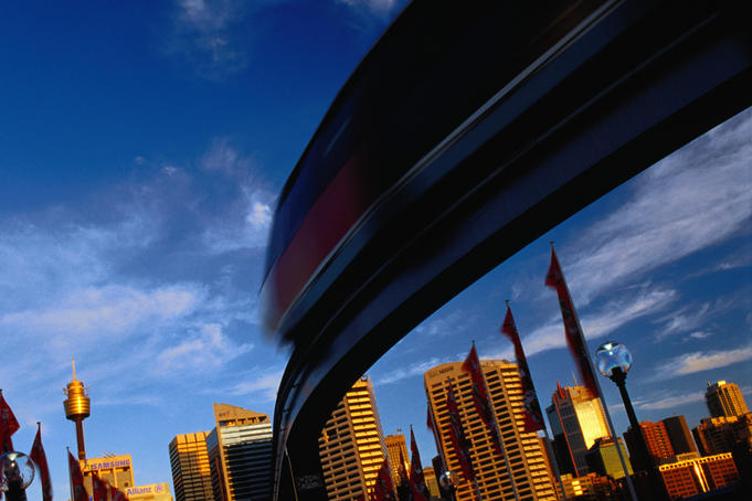Sydney's monorail zips past in Darling Harbour.