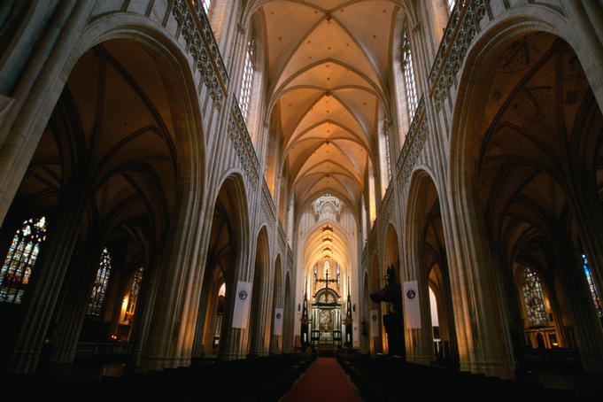 Interior vaults of the majestic 'Our Lady's Cathedral', situated in the Handschoenmarkt, Antwerp.