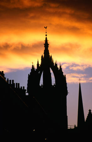 Crown spire of St Giles Cathedral at sunset.