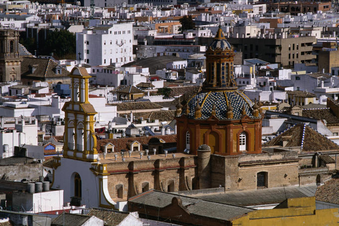 Aerial view of Seville with San Bernado church in the foreground.