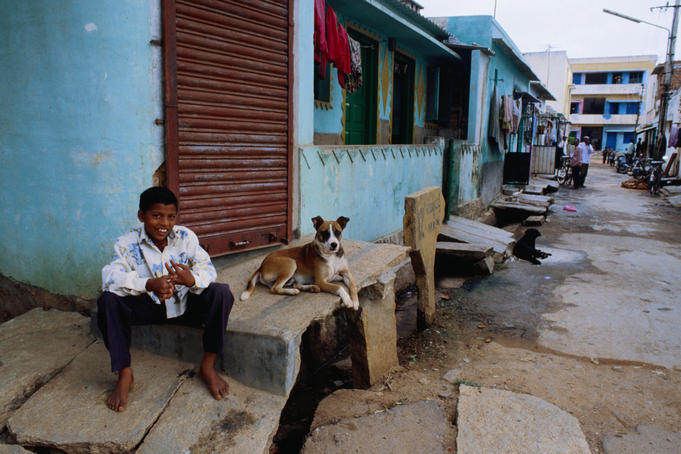 Boy and dog in JP Nagar Street.