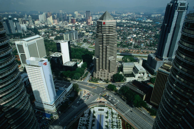 An aerial view of Kuala Lumpur from the skybridge of the Petronas Twin Towers.