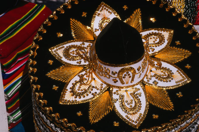 Highly decorated with sequins and embroidery motifs, the mariachi sombrero for sale in Playa del Carmen.