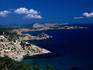 Aerial view of the coastline near Es Cubells.