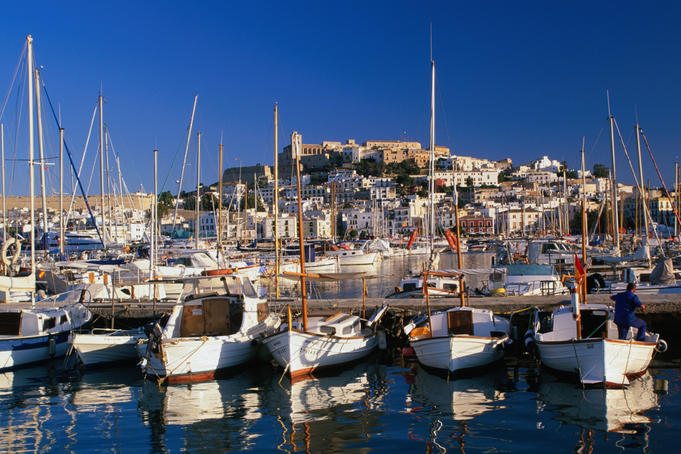 Fishing boats moored in harbour at Elvissa.