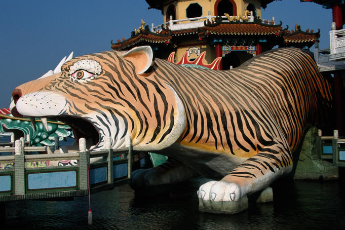 A colourful tiger sculpture at the Spring and Autumn Pavilion.