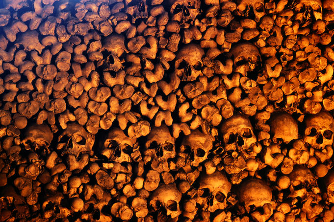 Human skulls and bones collected by Franciscan monks in Capela dos Ossos (Chapel of Bones), Igreja de Sao Francisco.