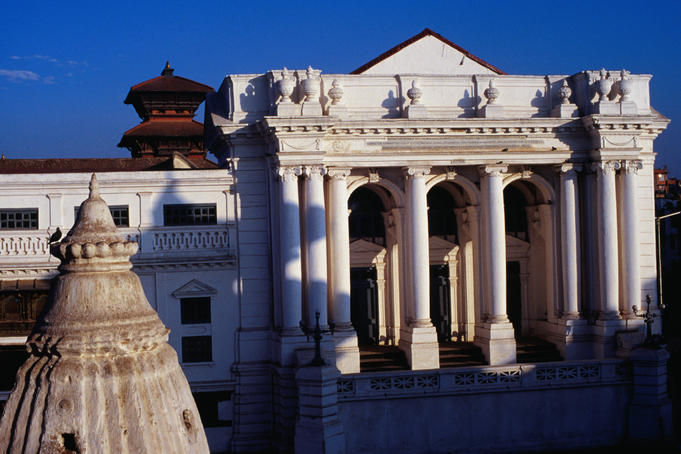 Gadi Baithak is part of the old Royal Palace or Hanuman Dhoka (gates of Hanuman and dominates Durbar Square in Kathmandu.