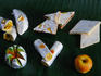 Selection of kaju (cashew) barfi. Yellow colouring is from saffron, nuts are are pistachio and almond, and apple tastes nothing like apple (all from Kanli Sweets in Bangalore).