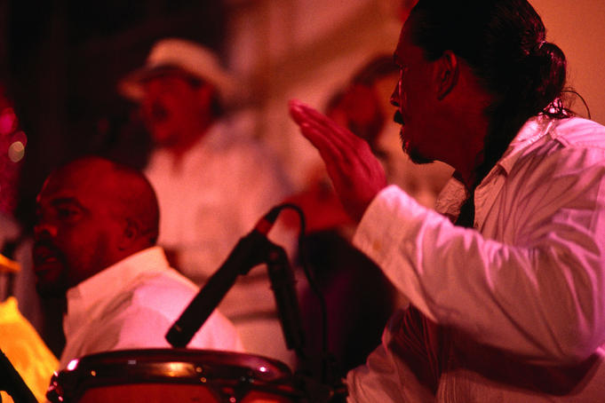 A percussion performance during Carnaval on stage at the Plaza Las Delicias.