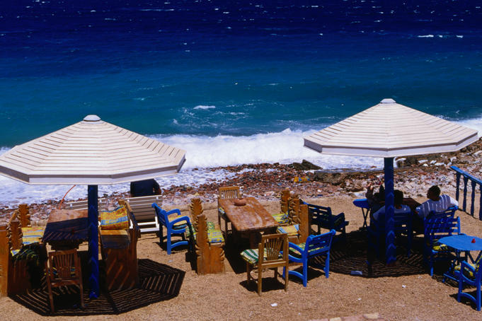 A beachfront restaurant in Dahab, a popular destination for Red Sea divers