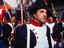 Napoleonic troops soldiers ready for battle in Battaglia delle Arance (Battle of the Oranges), a historical highlight of Carnevale.