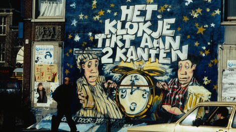 " The clock ticks on both sides ", graffiti on a wall prior to a referendum on whether to keep bars open all night - Leiden, South Holland