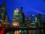 Chicago River and skyline at dusk.